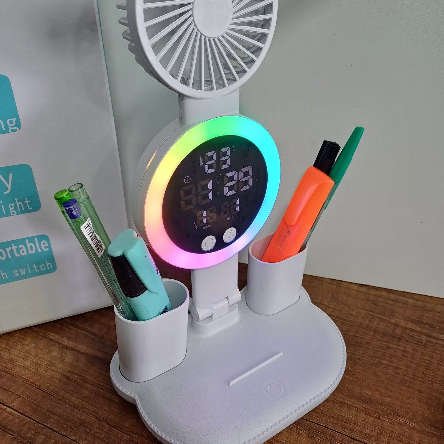 LÁMPARA DE ESCRITORIO CON LUZ LED Y VENTILADOR