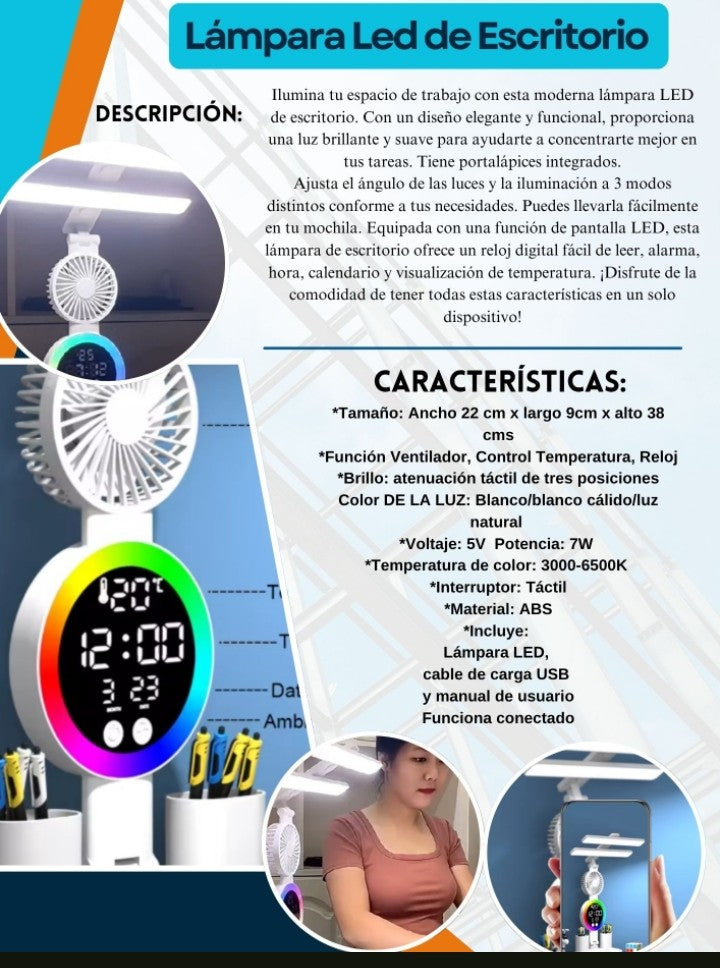 LÁMPARA DE ESCRITORIO CON LUZ LED Y VENTILADOR