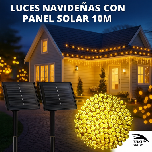 LUCES NAVIDEÑAS CON PANEL SOLAR AMBAR 10M